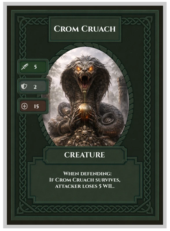 The printed Crom Cruach Celtic Clash card